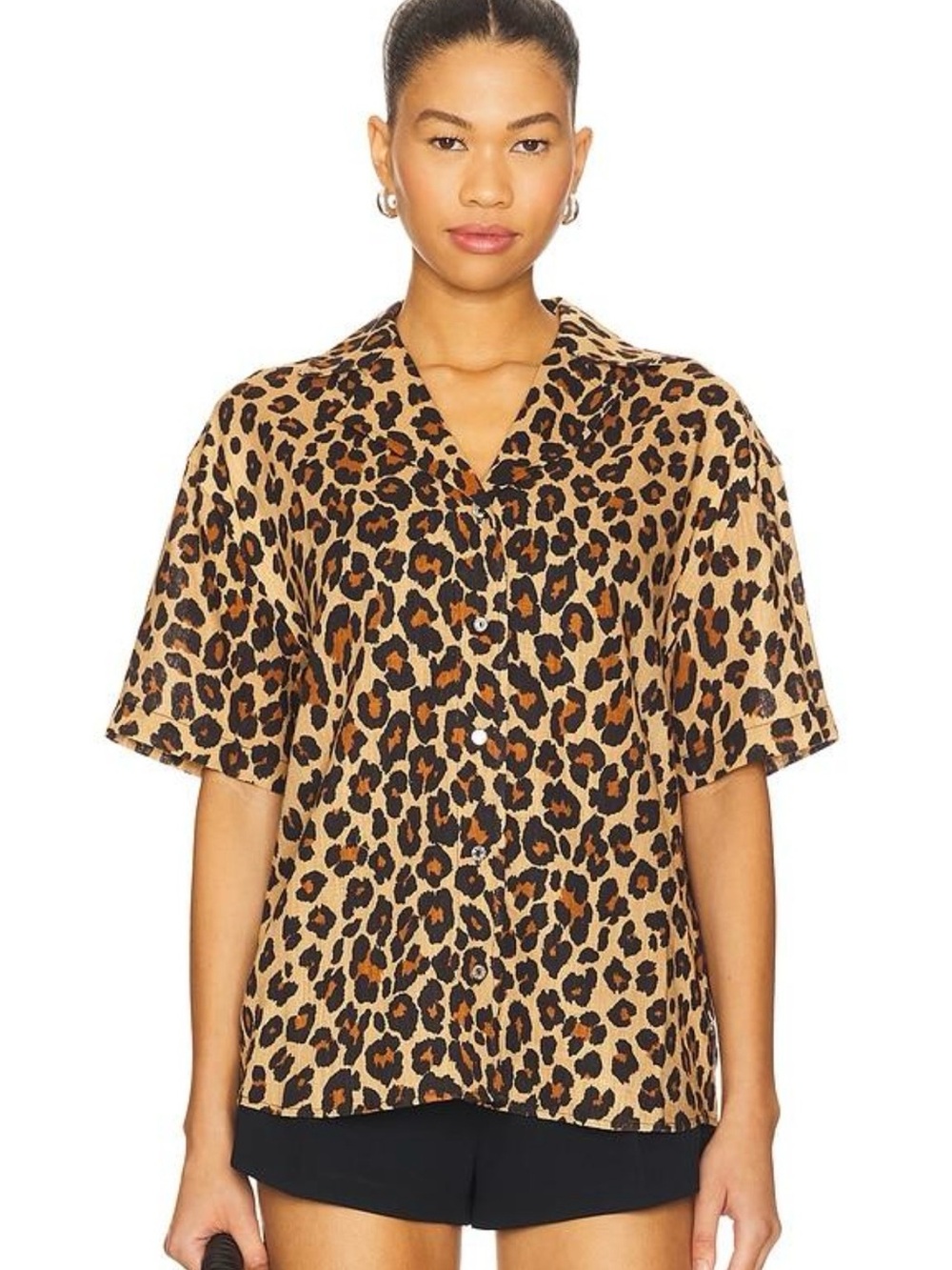 Inamorata Women’s Leopard Print Camp Collar Button-Front Short Sleeve Shirt